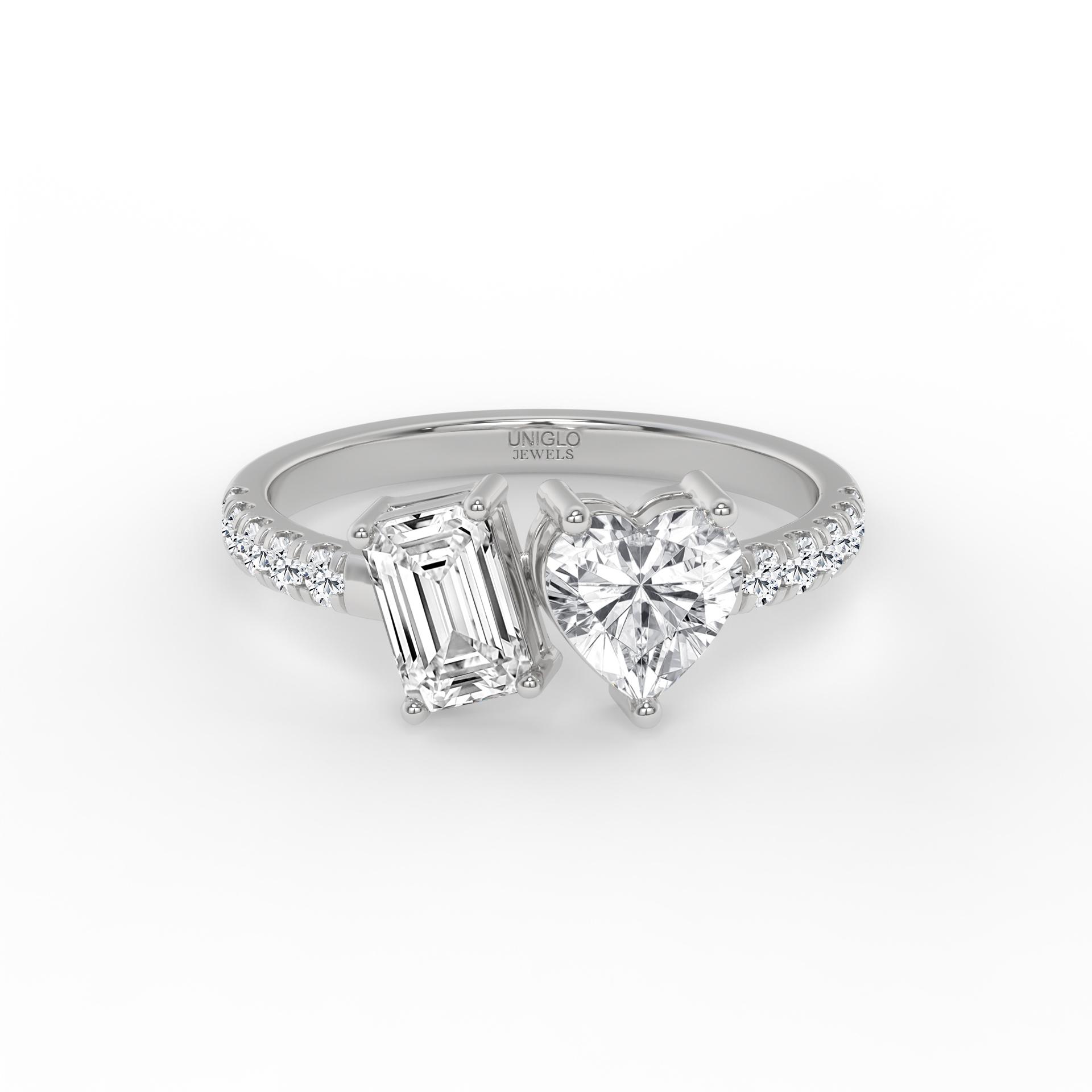 Vega Two Stone Emerald and Heart Toi Et Moi Grown Diamond Ring